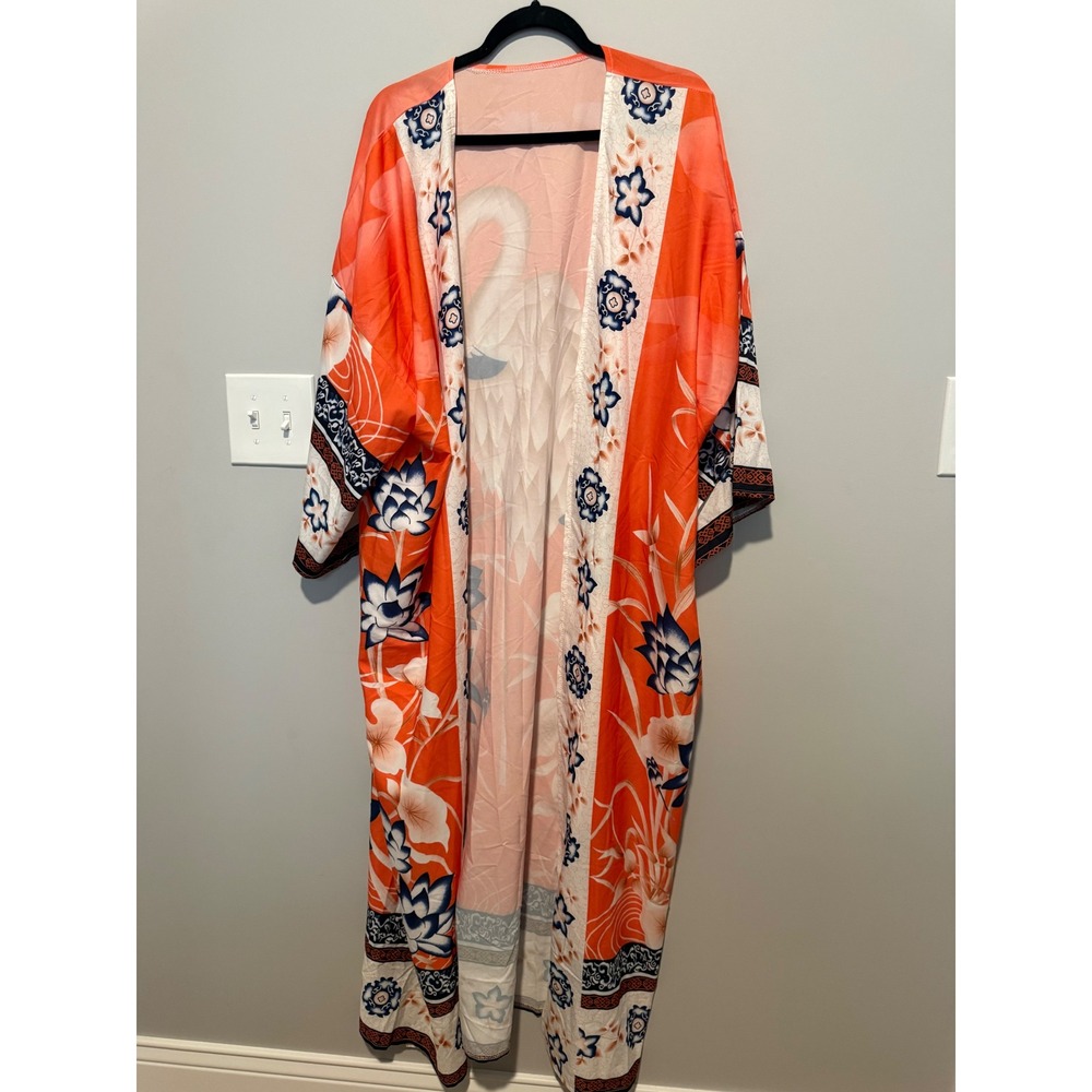 Orange Flamingo Floral Print Maxi Kimono Robe with Belt One Size